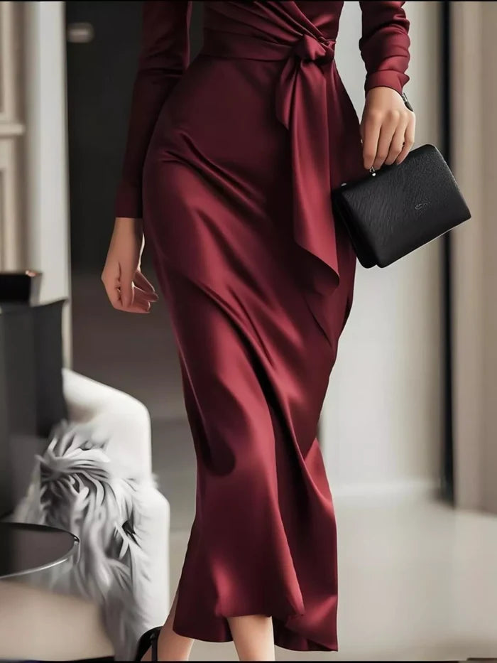 Surplice Satin Long Sleeve Dress