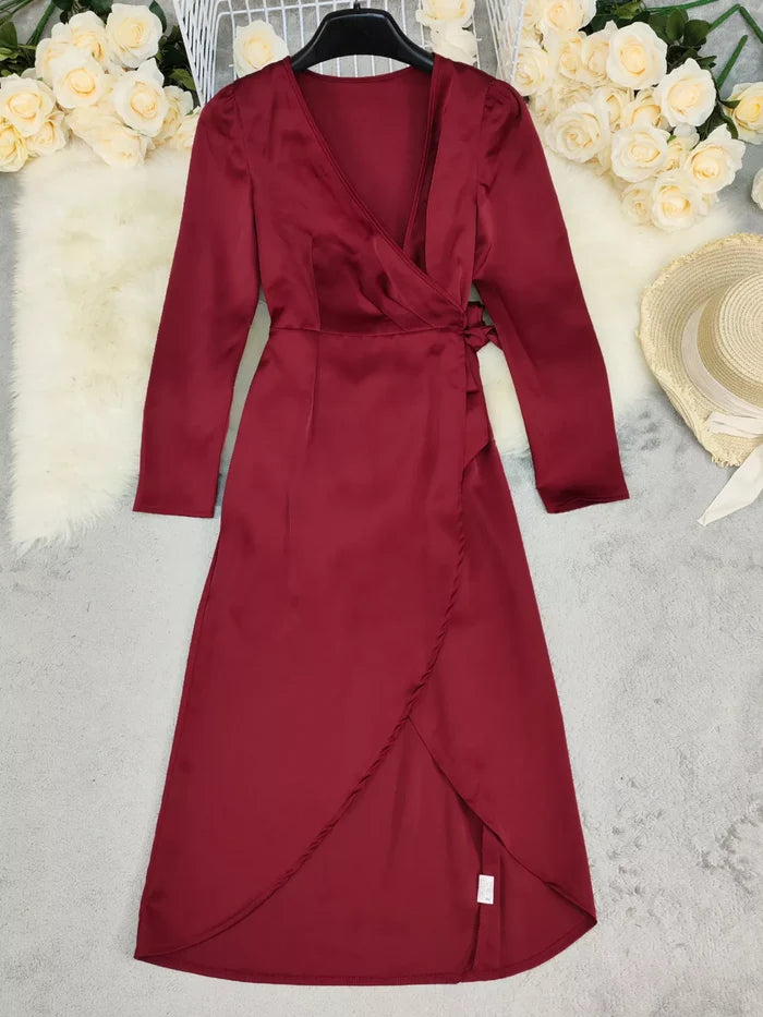 Surplice Satin Long Sleeve Dress