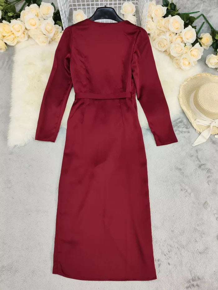 Surplice Satin Long Sleeve Dress