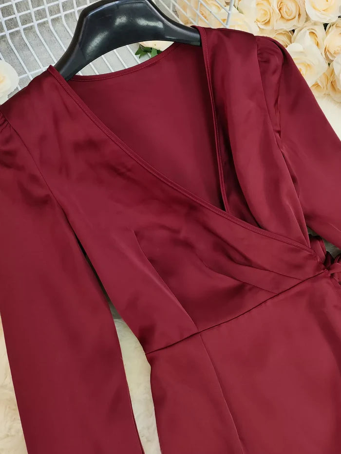Surplice Satin Long Sleeve Dress