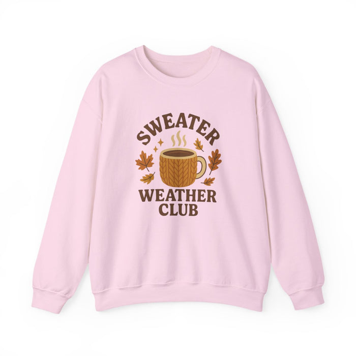white sweatshirt with sweater weather club slogan design