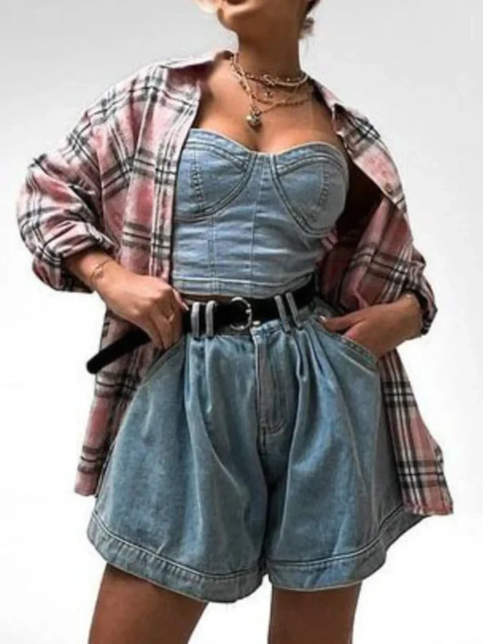 Sweetheart Neck Tube Top and Shorts Denim Set