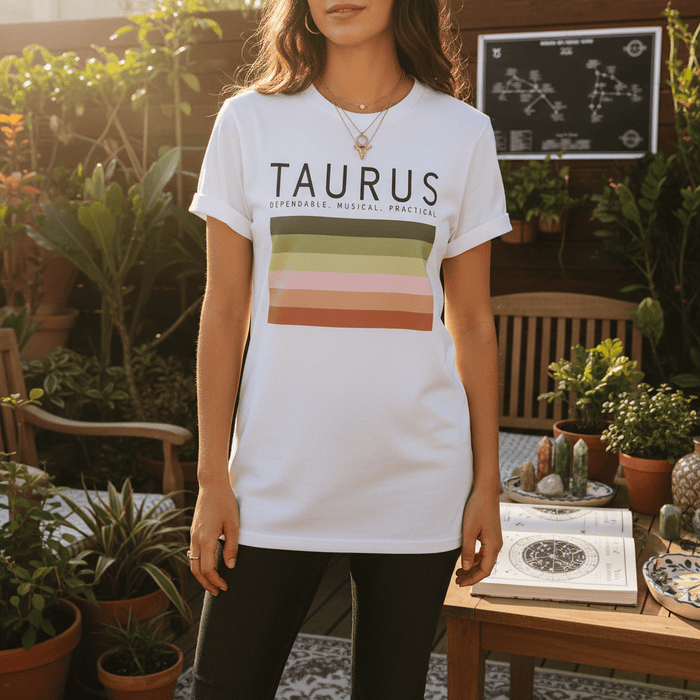 light blue t-shirt with minimalist taurus zodiac graphic design