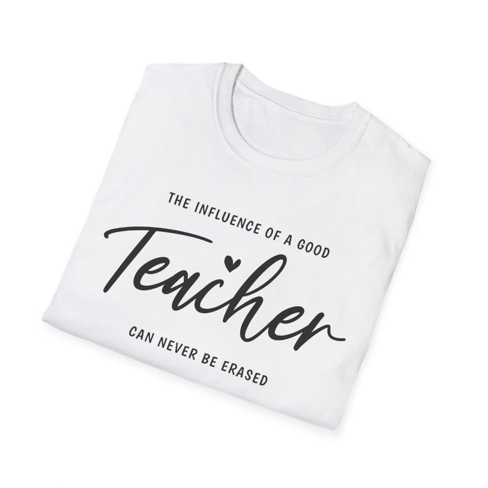 educator wearing light blue teacher influence inspirational t-shirt
