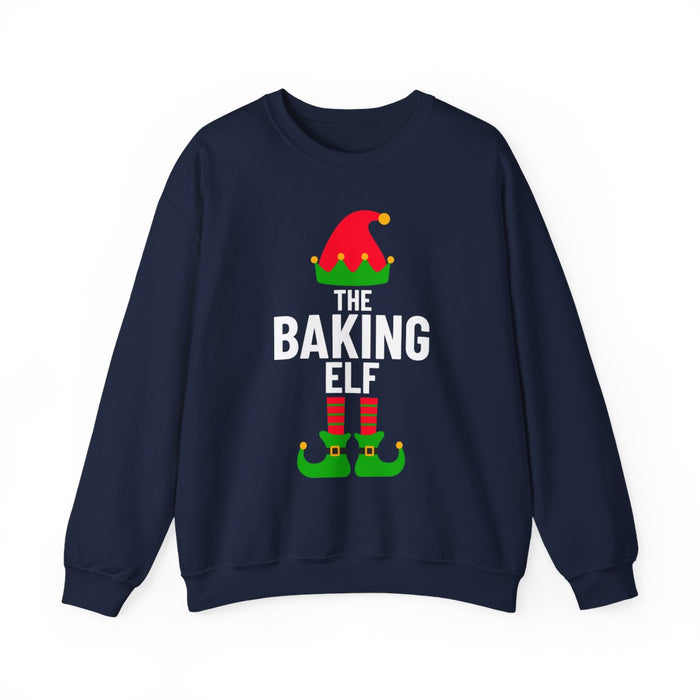 forest green sweatshirt with elf baking design front and back