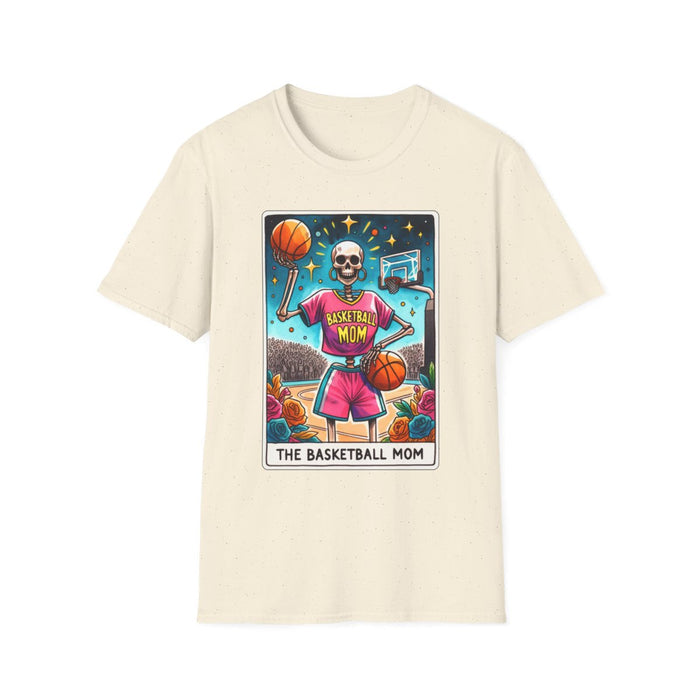 black t-shirt with the basketball mom tarot graphic design for sports moms