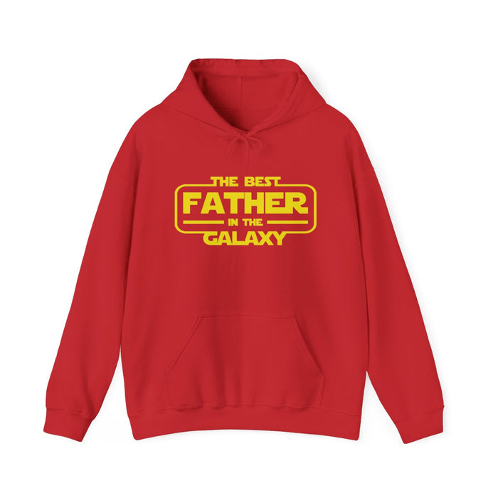 red hoodie with best father in the galaxy graphic for dads