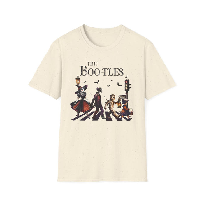 light blue t-shirt with the bootles parody graphic design featuring creepy characters on crosswalk