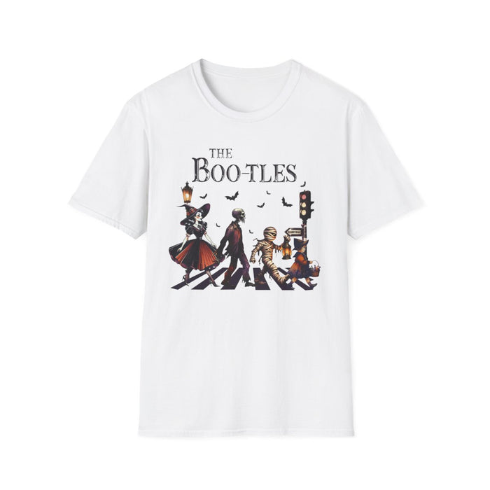 white t-shirt with the bootles parody graphic design for music lovers and halloween fans
