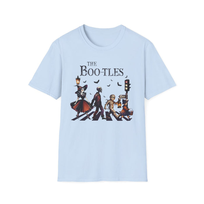 natural coloured t-shirt with bold bootles parody printed front design