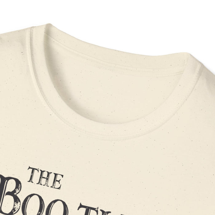 light blue t-shirt showing the bootles parody crosswalk graphic close-up detail