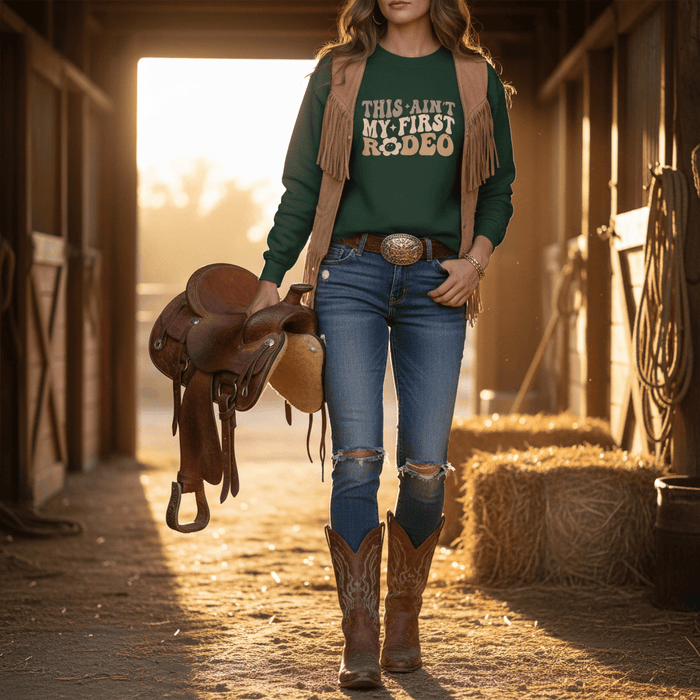 this ain't my first rodeo sweatshirt cowgirl gift idea lifestyle