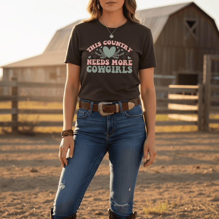 this country needs more cowgirls t-shirt packshot showing design detail