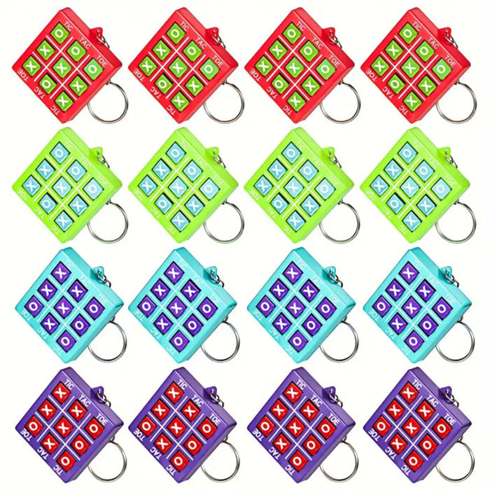 Colorful assortment of tic-tac-toe keychain toys in red, green, blue, teal, and purple arranged in rows.