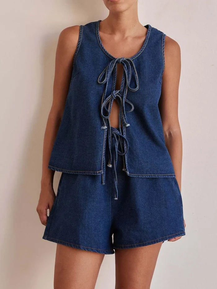 Tie Front Vest and Shorts Denim Set