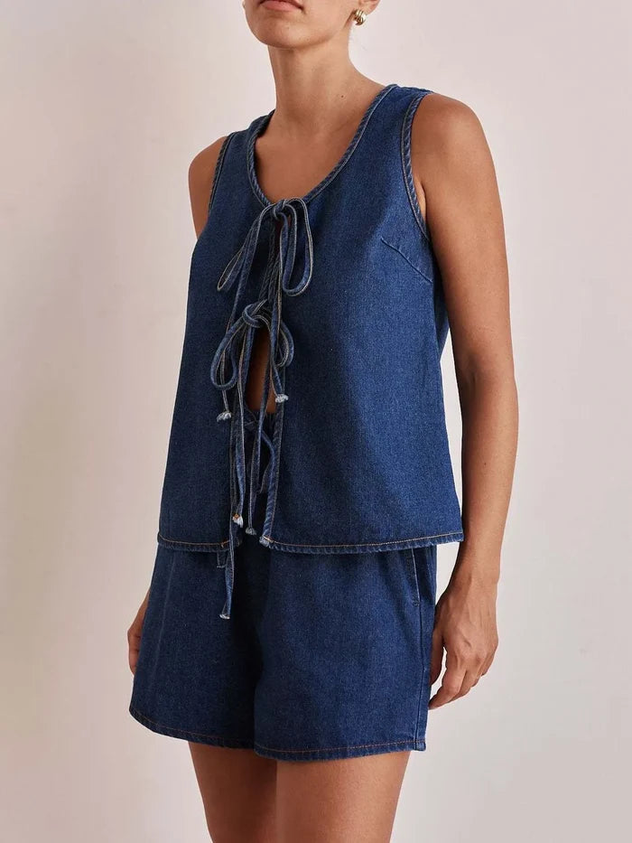 Tie Front Vest and Shorts Denim Set