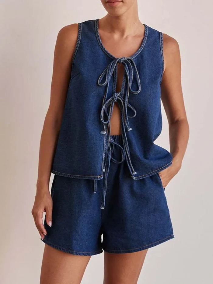 Tie Front Vest and Shorts Denim Set