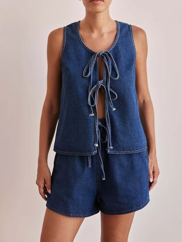 Tie Front Vest and Shorts Denim Set