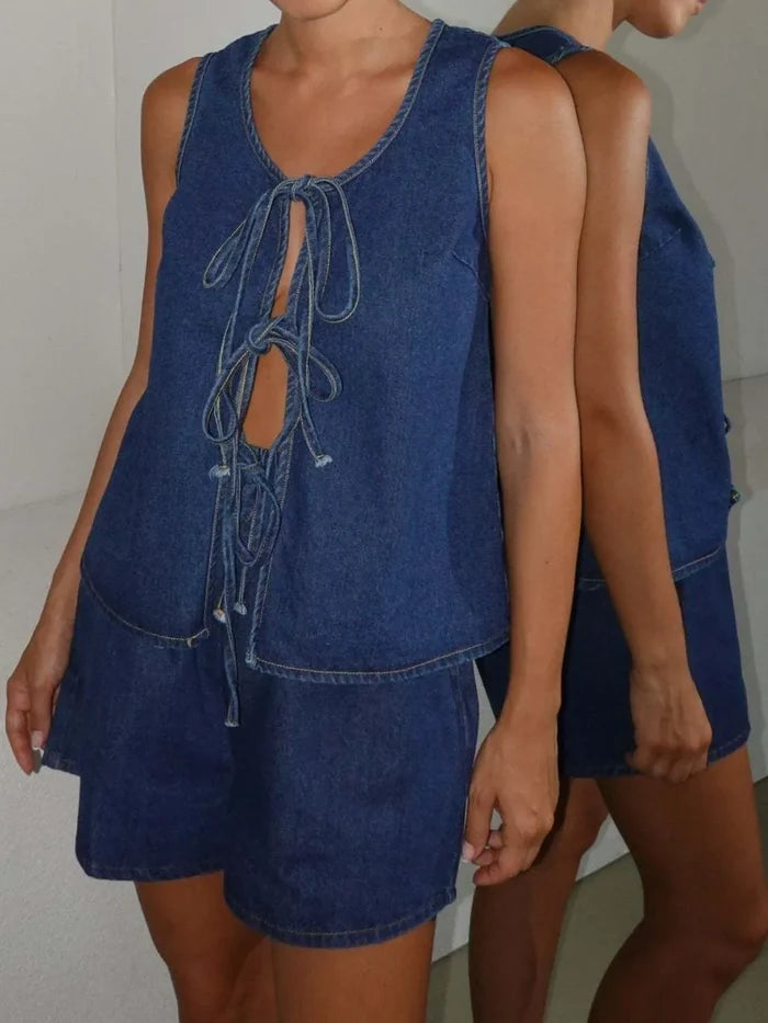 Tie Front Vest and Shorts Denim Set
