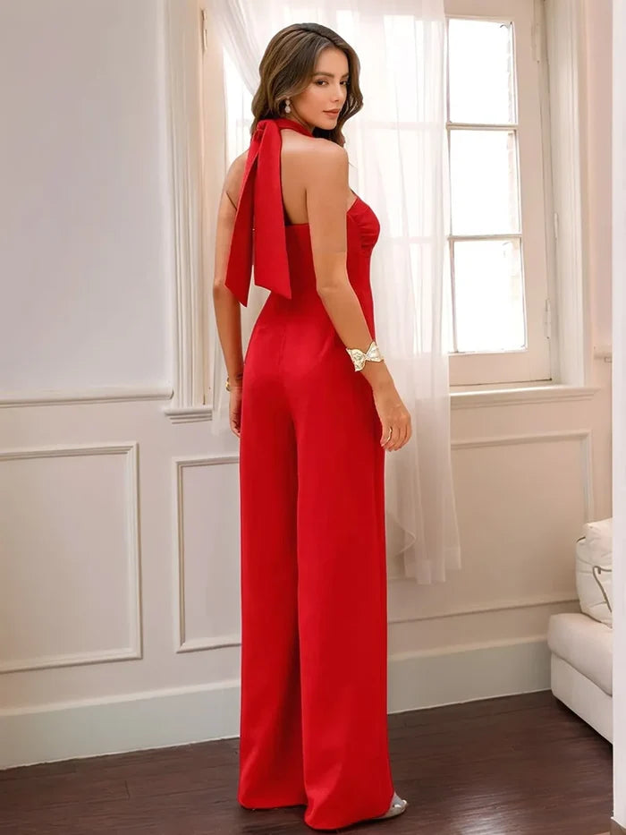 Tied Halter Neck Wide-Leg Stretch Jumpsuit