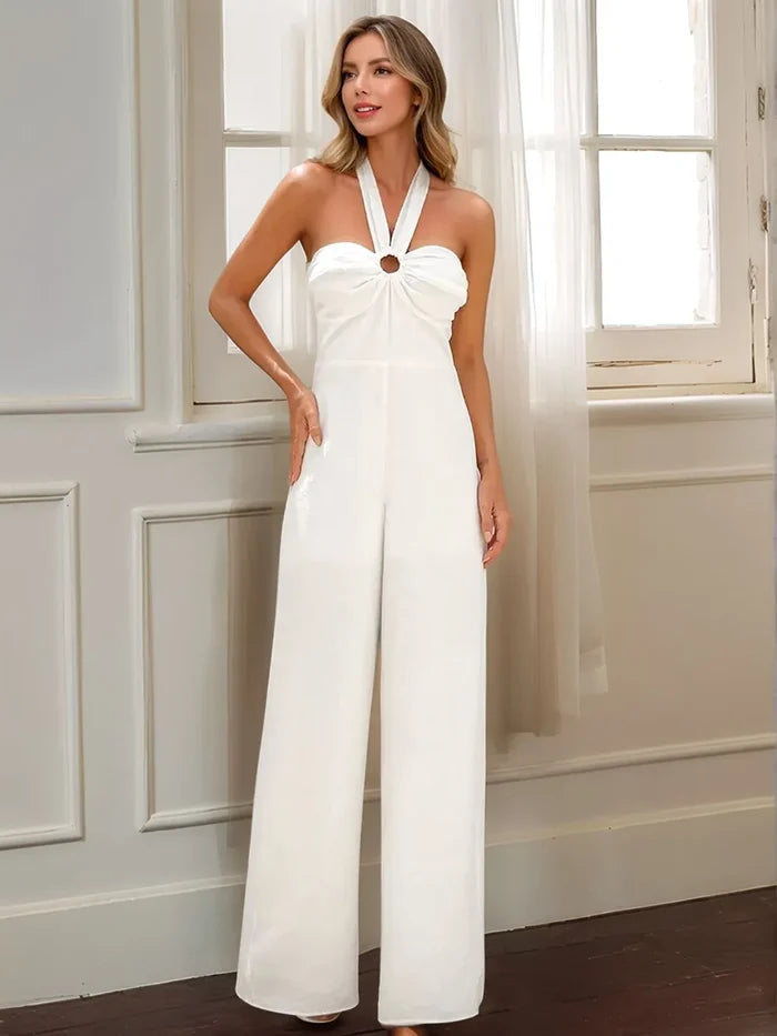 Tied Halter Neck Wide-Leg Stretch Jumpsuit