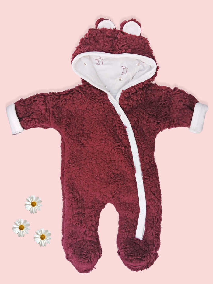Tiny & Small Fluffy Pramsuit - Claret with Rabbit Fabric Hood Snowsuit / Pramsuit Tiny & Small