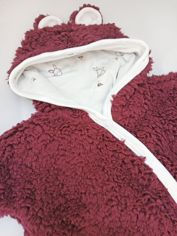 Tiny & Small Fluffy Pramsuit - Claret with Rabbit Fabric Hood Snowsuit / Pramsuit Tiny & Small