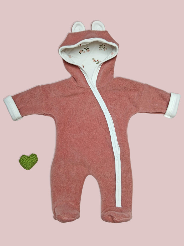 Tiny Baby Pramsuit - Fleece, Raspberry Pink with Beautiful Bloom Fabric Hood Snowsuit / Pramsuit Tiny & Small