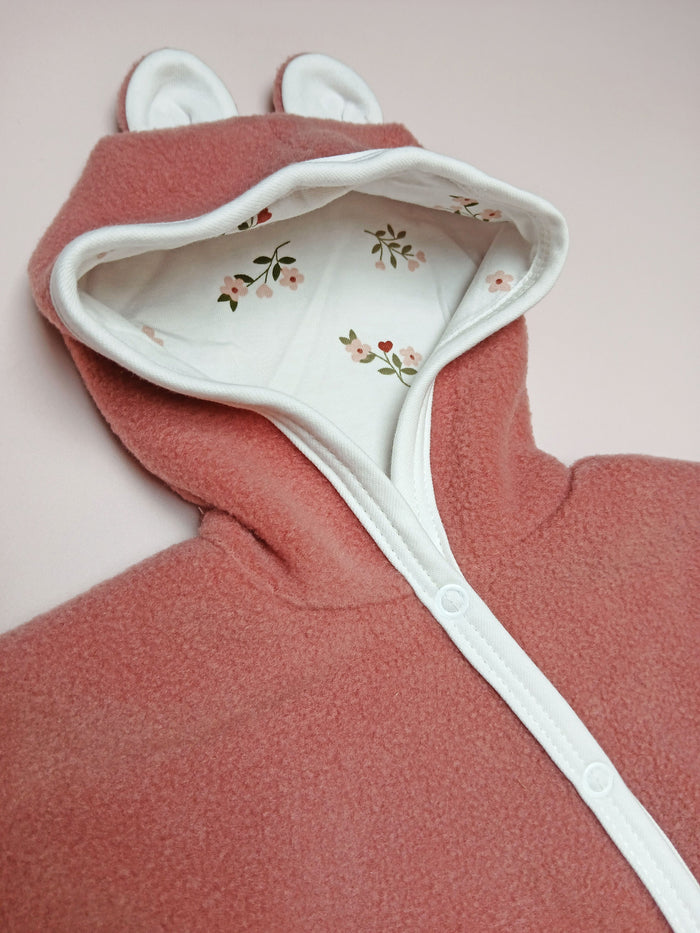 Tiny Baby Pramsuit - Fleece, Raspberry Pink with Beautiful Bloom Fabric Hood Snowsuit / Pramsuit Tiny & Small