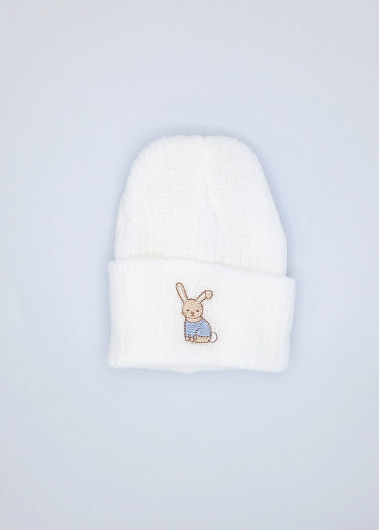 Tiny Baby White Knitted Hat With Blue Rabbit Embroidery Little Mouse Baby Clothing & Gifts