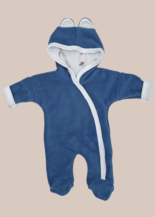 Tiny & Small Fleece Pramsuit - Dark Blue with Farmyard Fabric Hood Snowsuit / Pramsuit Tiny & Small