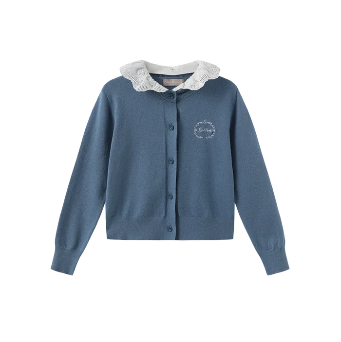 top l/s embroidered knit cardigan  - light blue