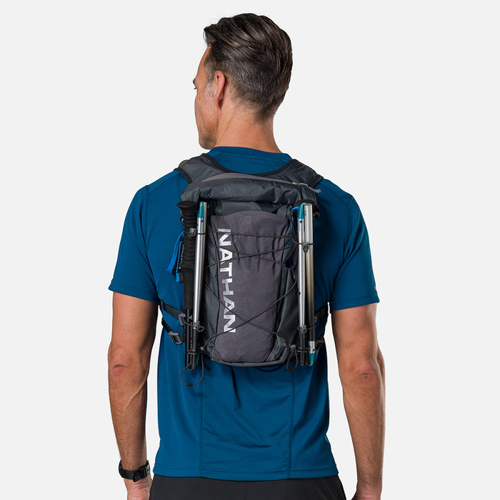 color:Charcoal/Reflective Silver||seo:Nathan TrailMix 2.0 12 Liter Unisex Hydration Pack - Charcoal/Reflective Silver - Male Runner Back View