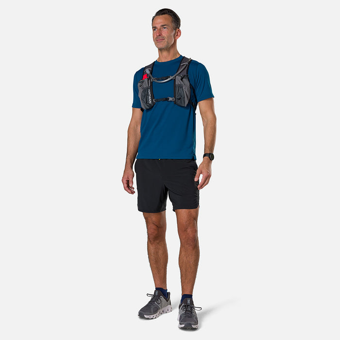color:Charcoal/Reflective Silver||seo:Nathan TrailMix 2.0 12 Liter Unisex Hydration Pack - Charcoal/Reflective Silver - Female Runner Three Quarter View