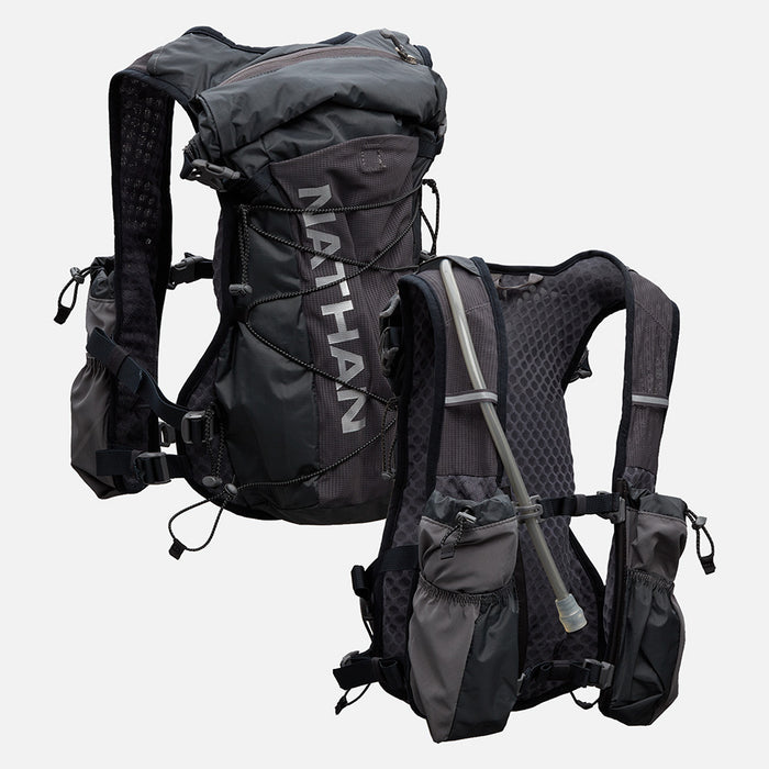 color:Charcoal/Reflective Silver||seo:Nathan TrailMix 2.0 12 Liter Unisex Hydration Pack - Charcoal/Reflective Silver - Front & Back of Pack