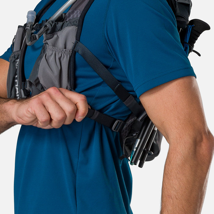 color:Charcoal/Reflective Silver||seo:Nathan TrailMix 2.0 12 Liter Unisex Hydration Pack - Charcoal/Reflective Silver - Male Runner Tightening Sternum Straps