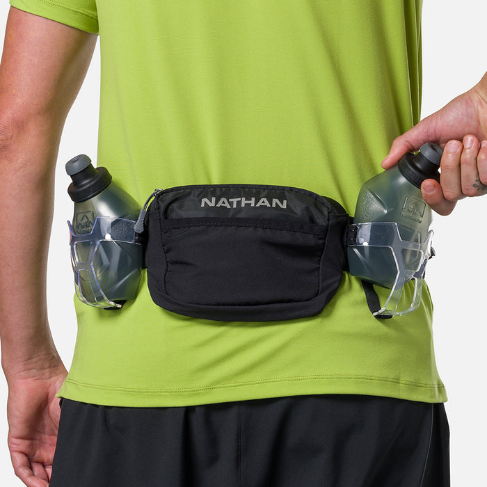 color:Black/Reflective Silver||view:sku image back||seo:Nathan TrailMix Plus Hydration Belt 3.0 - Black/Reflective Silver - Pulling Flask From Carrier