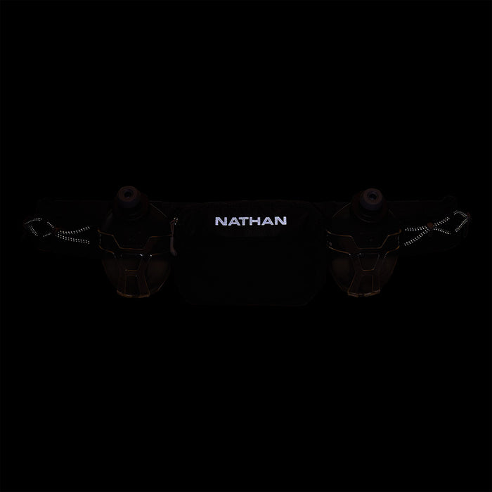 color:Black/Reflective Silver||seo:Nathan TrailMix Plus Hydration Belt 3.0 - Black/Reflective Silver - Detail View of Reflective Highlights in the Dark