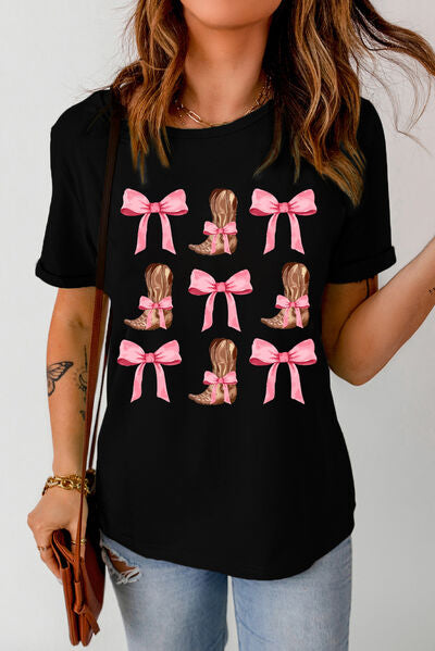 Trendy Bow & Boot Graphic Short Sleeve T-Shirt for Casual Style