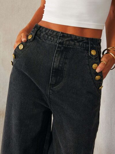 Trendy Button Decor High Rise Wide Leg Jeans