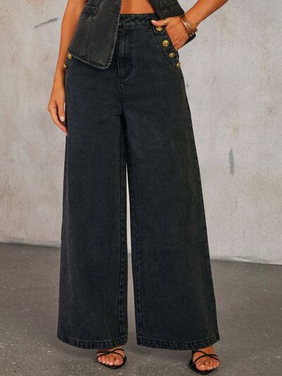 Trendy Button Decor High Rise Wide Leg Jeans