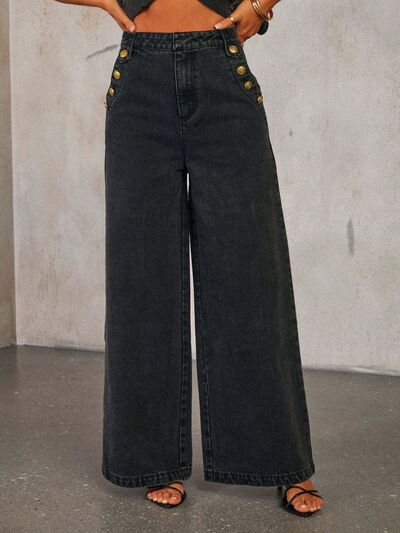 Trendy Button Decor High Rise Wide Leg Jeans