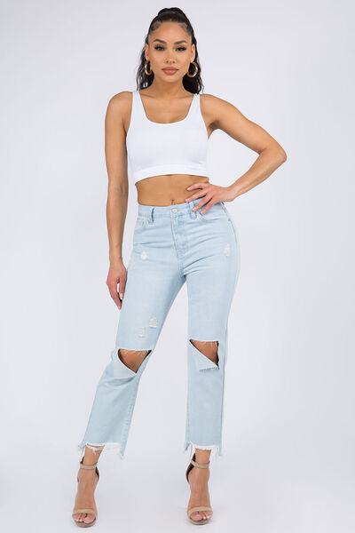 Trendy High Waist Distressed Jeans with Raw Hem Finish