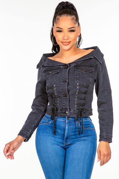 Trendy Off-Shoulder Lace-Up Denim Jacket for Chic Layering