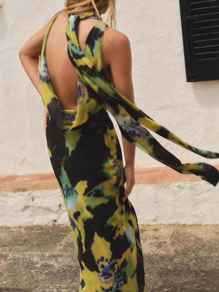 Tropical Print Sleeveless Maxi Dress