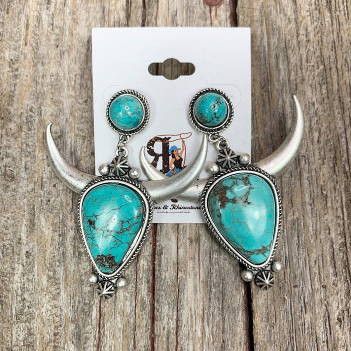 Turquoise Cow Head Earrings with Floral Boho Chic Design
