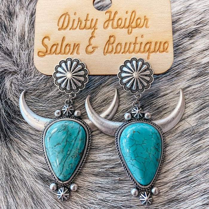 Turquoise Cow Head Earrings with Floral Boho Chic Design