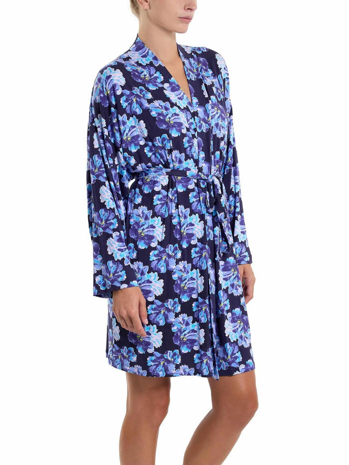 Nightfall Purple Floral MicroModal Knee Length Robe - Side View On Model | Hanky Panky