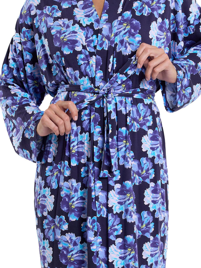 Nightfall Purple Floral Robe Tie Belt Close-Up Detail - Cozy Lounge Robe | Hanky Panky