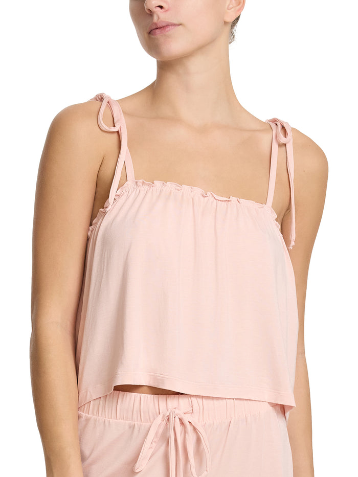 Blush Pink Modal Unwind Ruffle Cami Sweet Chamomile - Front View, Tie Straps & Ruffle Trim | Hanky Panky